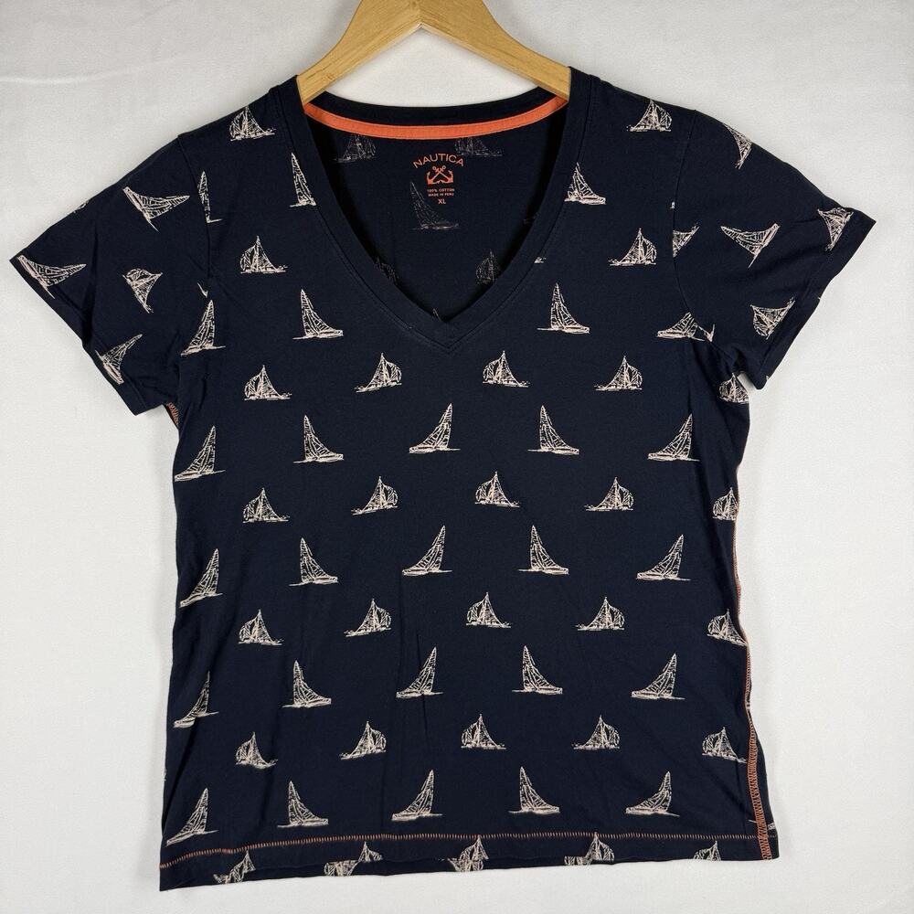 Nautica Womens XL Navy Sailboat Print V Neck T Shirt 100% Cotton Nautical